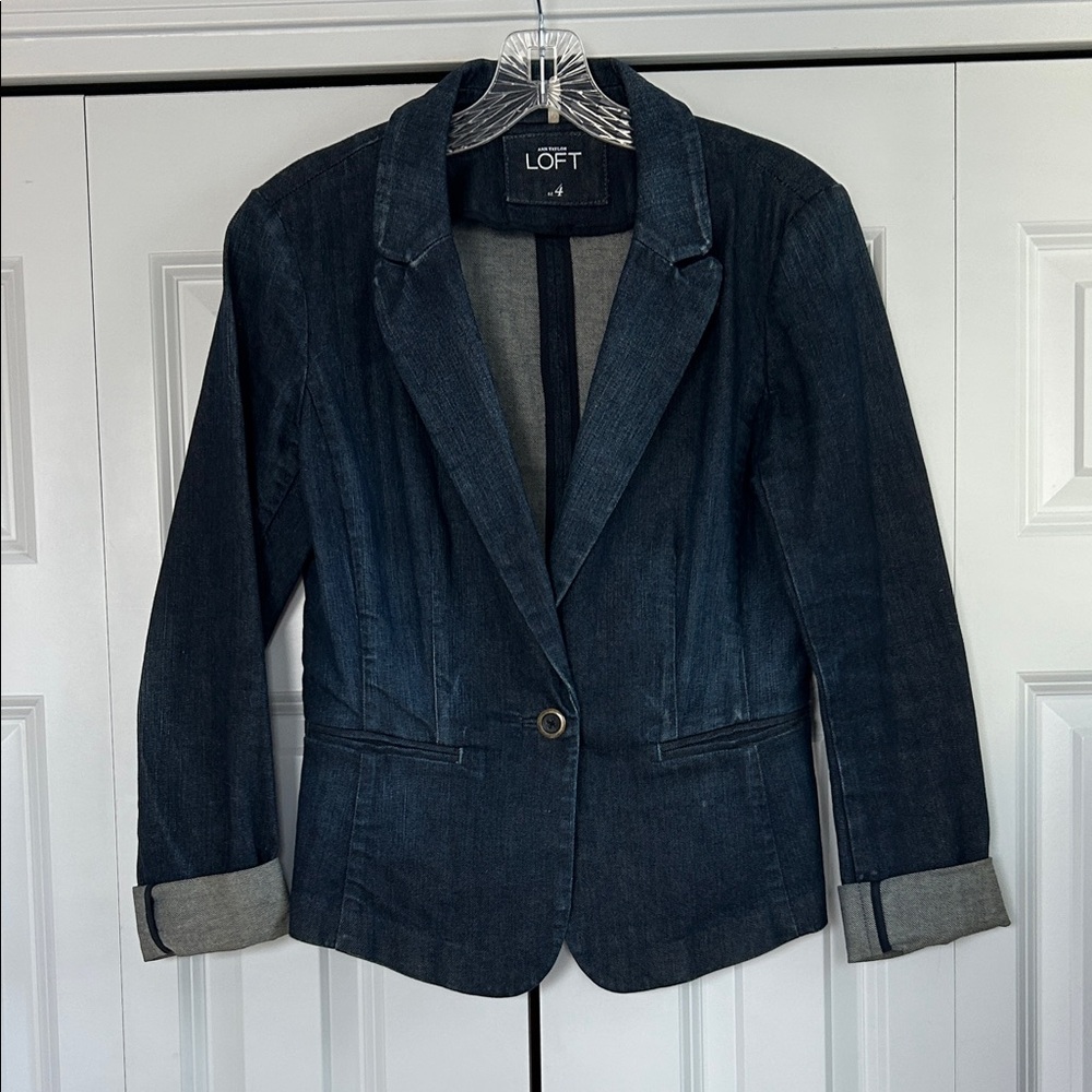 Ann Taylor LOFT Women's Navy Denim Fitted Blazer 4